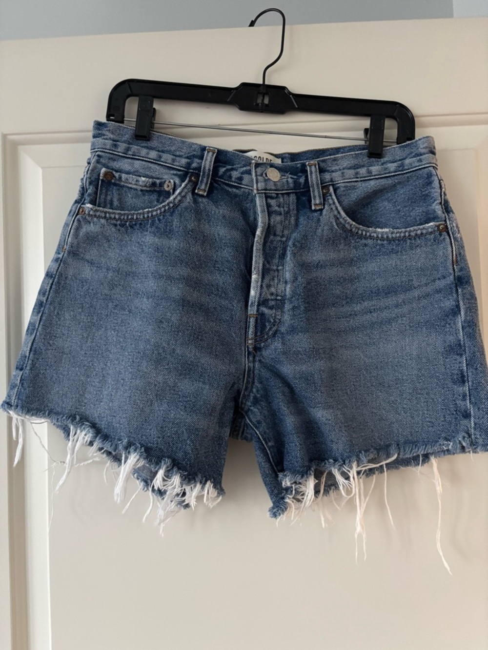Agolde Parker Long High-Rise Frayed Hem Denim Shorts Size 28